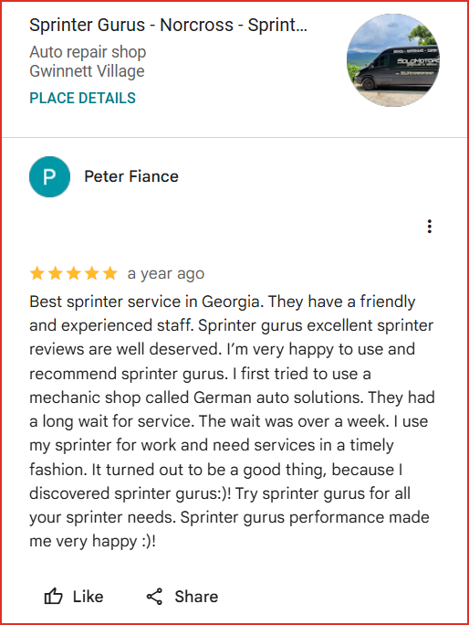 Review of Sprinter Gurus - Norcross - Sprinter Van Repair By Peter Fiance